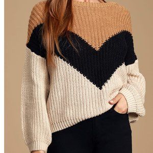 Lulus Autumn Leaves Beige Tan Multi Chevron Stripe Knit Sweater - Large